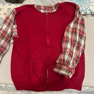 Lf vintage red zip sweatshirt with flannel sleeves and hood. Fits like a M/L